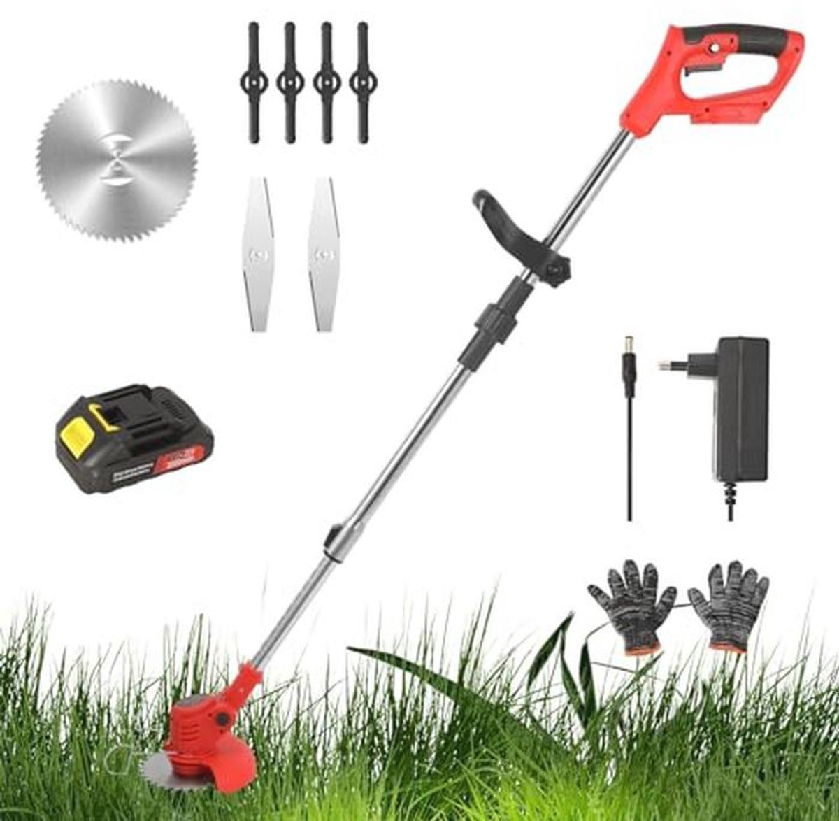 Draadloze Elektrische Bosmaaier 21V - Grastrimmer met 1 Accu & Oplader, Inclusief 3 Snijmessen voor Gazons en Landbouwgrond