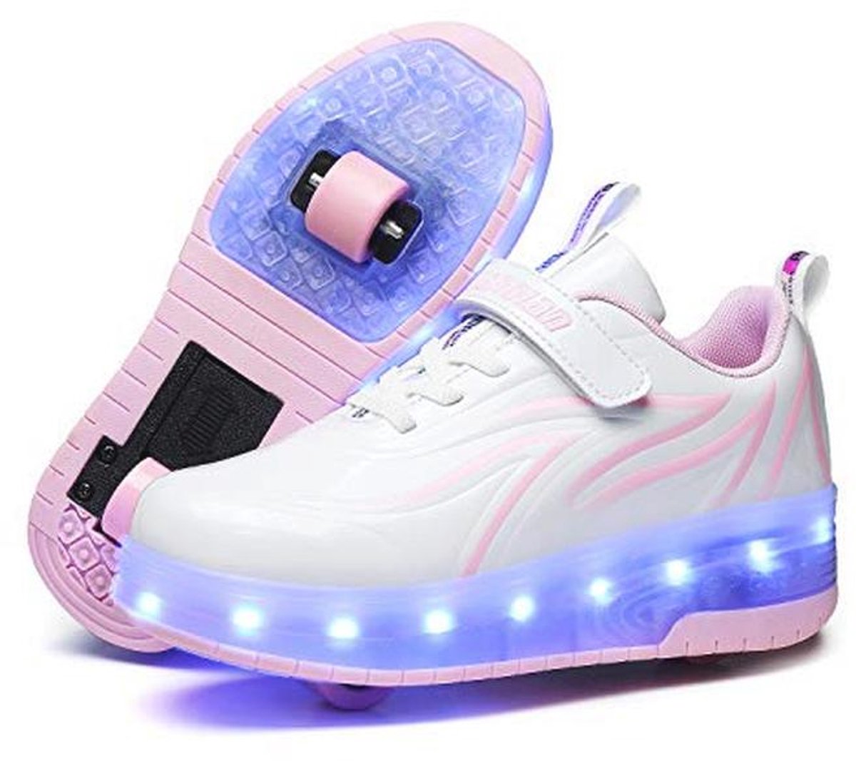 Unisex kinderlicht skateboardschoenen met dubbele wieltjes en stijlen met drukknop