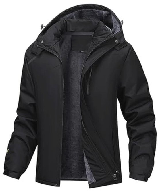 Zwarte herenjas met capuchon, opengewerkt voor en gevoerd met fleece.