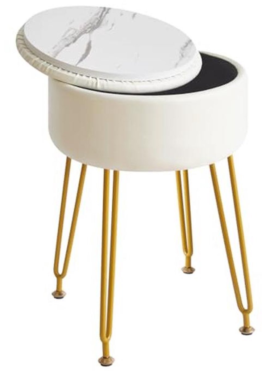 Kunstlederen Ronde Voetsteun Kruk met Opslag - Make-up Stoel bijzettafel met Verwijderbare Cover en Gouden Stalen Poten