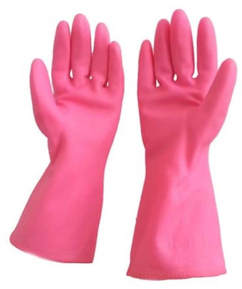Roze rubberen huishoudhandschoenen met lange mouwen voor afwassen en tuinieren