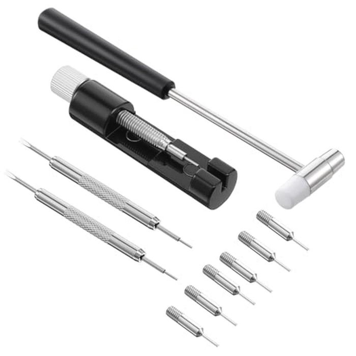 HJZHII Horlogegereedschap met 5 extra pennen, horlogebandgereedschap, horlogemakersgereedschapsset, veerpengereedschap, reparatie, penuitdrukker voor horlogebandjes, inkorten, horloges, schakels