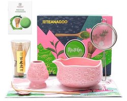 TEANAGOO 7 Piece Pink Matcha Whisk Set with Cherry Blossom Design, Complete Ceremony Set, Ceramic Chawan Bowl with Spout, Whisk and Accessories, Traditional Matcha Tea Set for Slats and Gift