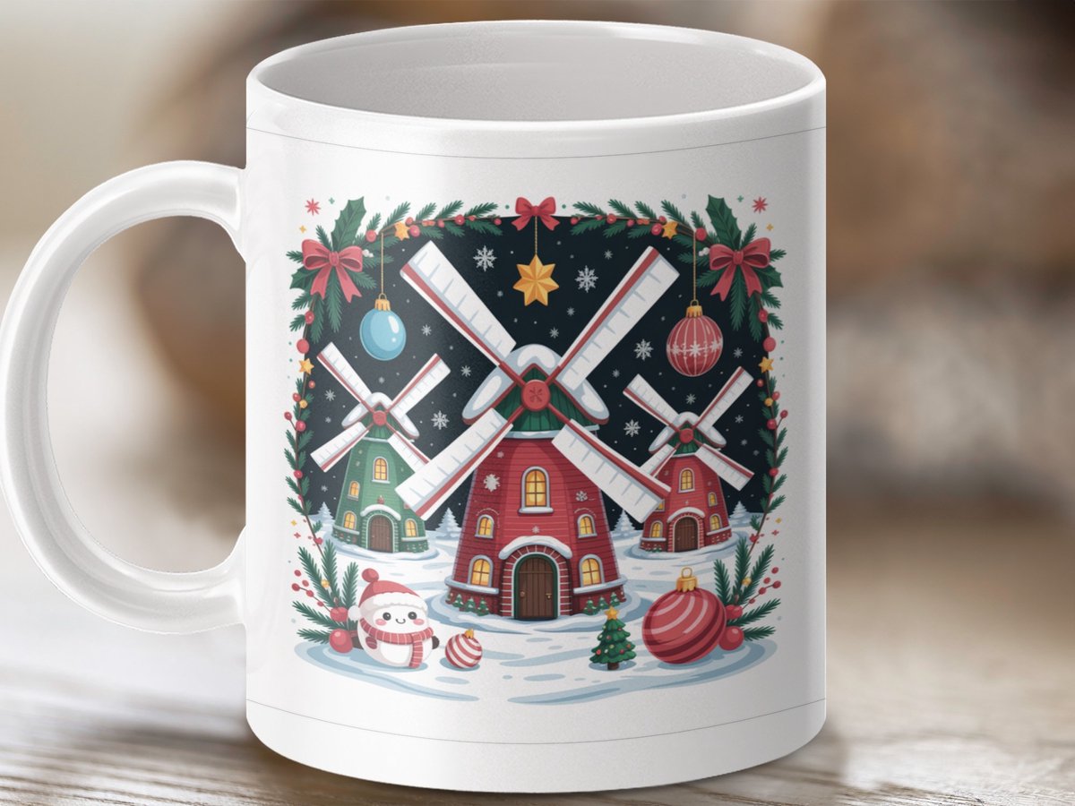 Mok Kerst Molen, Winterlandschap Mug, Kerstcadeau Idee, Feestelijke Mok, Hollandse Windmolen, Sneeuwpop Mok, Kerst Decoratie