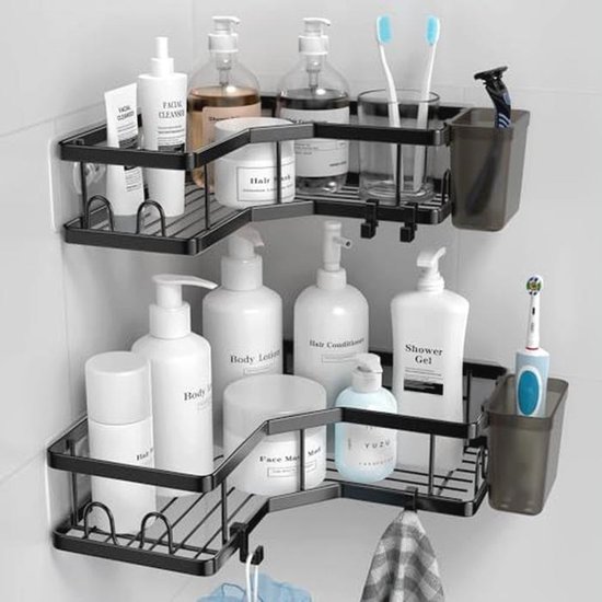 Étagère de douche d'angle - Organisateur de Douche de salle de bain sans Embouts | Planches et gobelets à brosses à dents en acier inoxydable | Douche de douche Zwart (lot de 2)