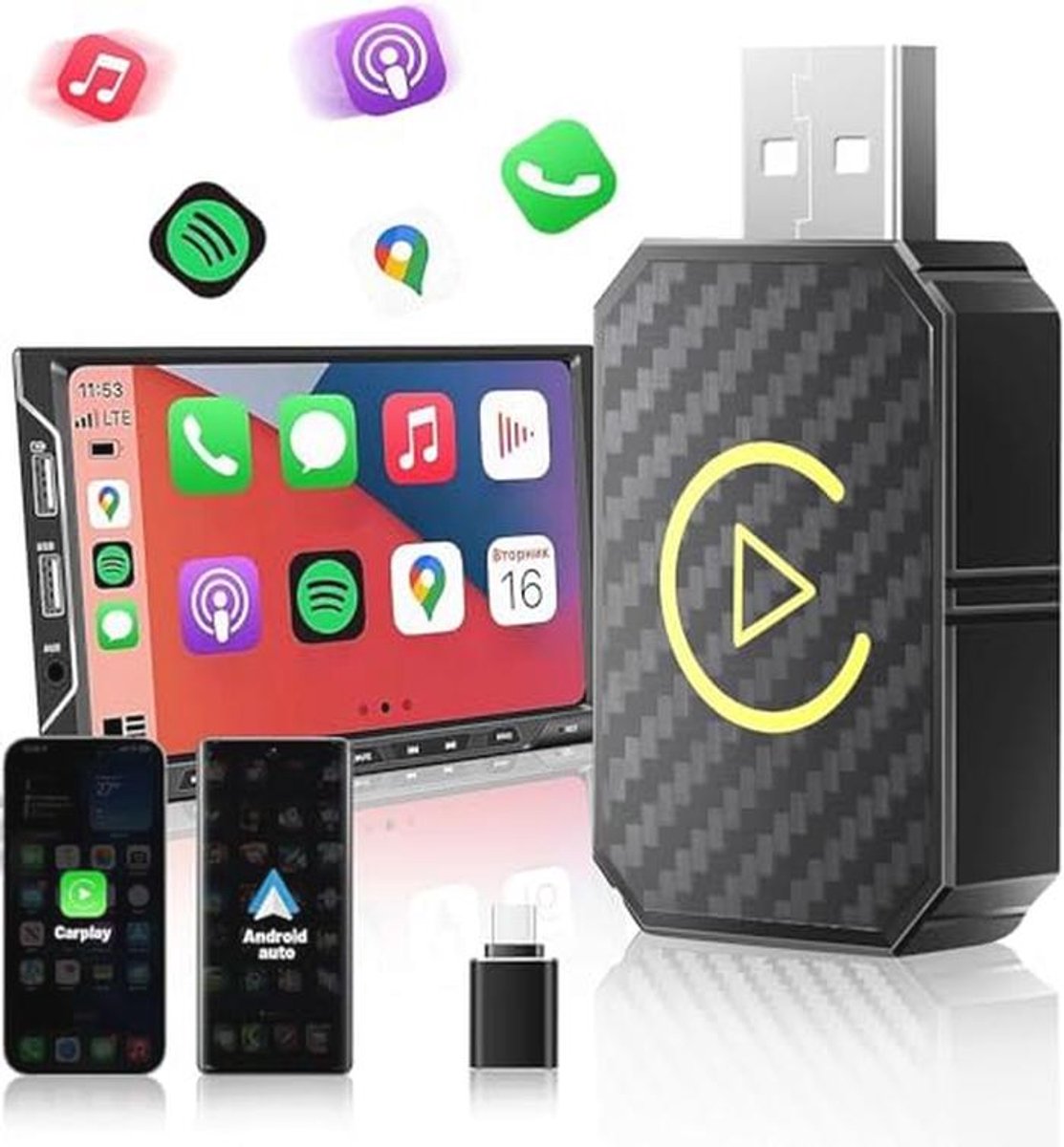 Draadloze Car-Play Adapter voor Smartphones – Compatibel met 2016+ Auto's, Snelle Auto-Connect, Dual-Core 5G Chip