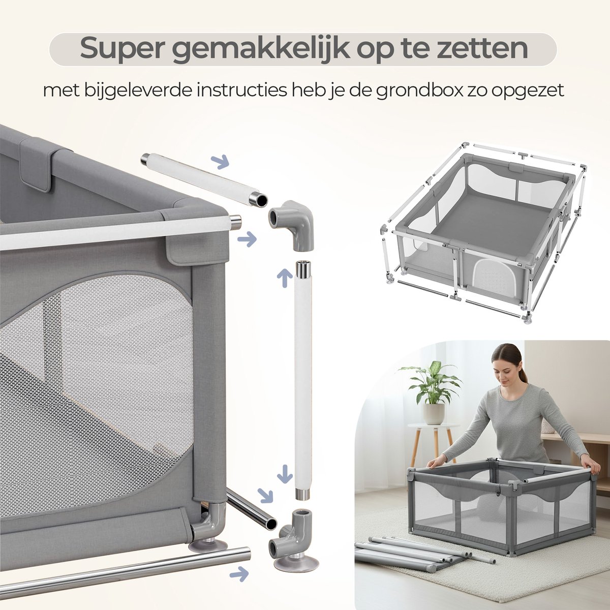 Rosfelde Grondbox Baby - Speelbox - Playpen - Gemakkelijk op te zetten - 120x120 CM - Grijs – foto 7