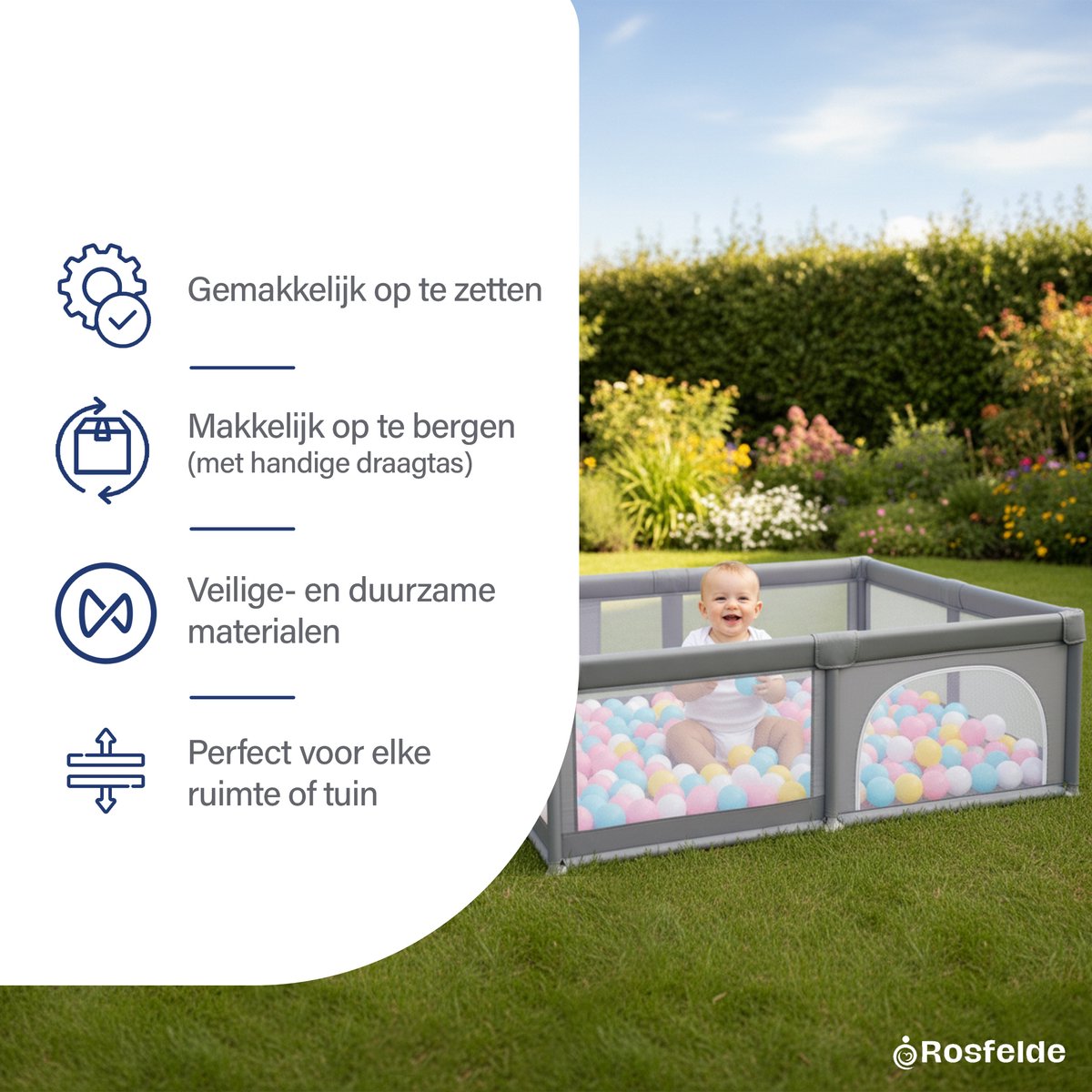 Rosfelde Grondbox Baby - Speelbox - Playpen - Gemakkelijk op te zetten - 120x120 CM - Grijs – foto 2