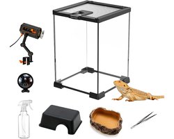 Terrarium voor Reptielen - 30 x 20 x 20 cm - Glazen Groeidoos - Terrarium Starterset met Thermometer - Bark Voerbak - Tweezers en Kleine Gieter voor Slangen - Hagedissen - Schildpadden