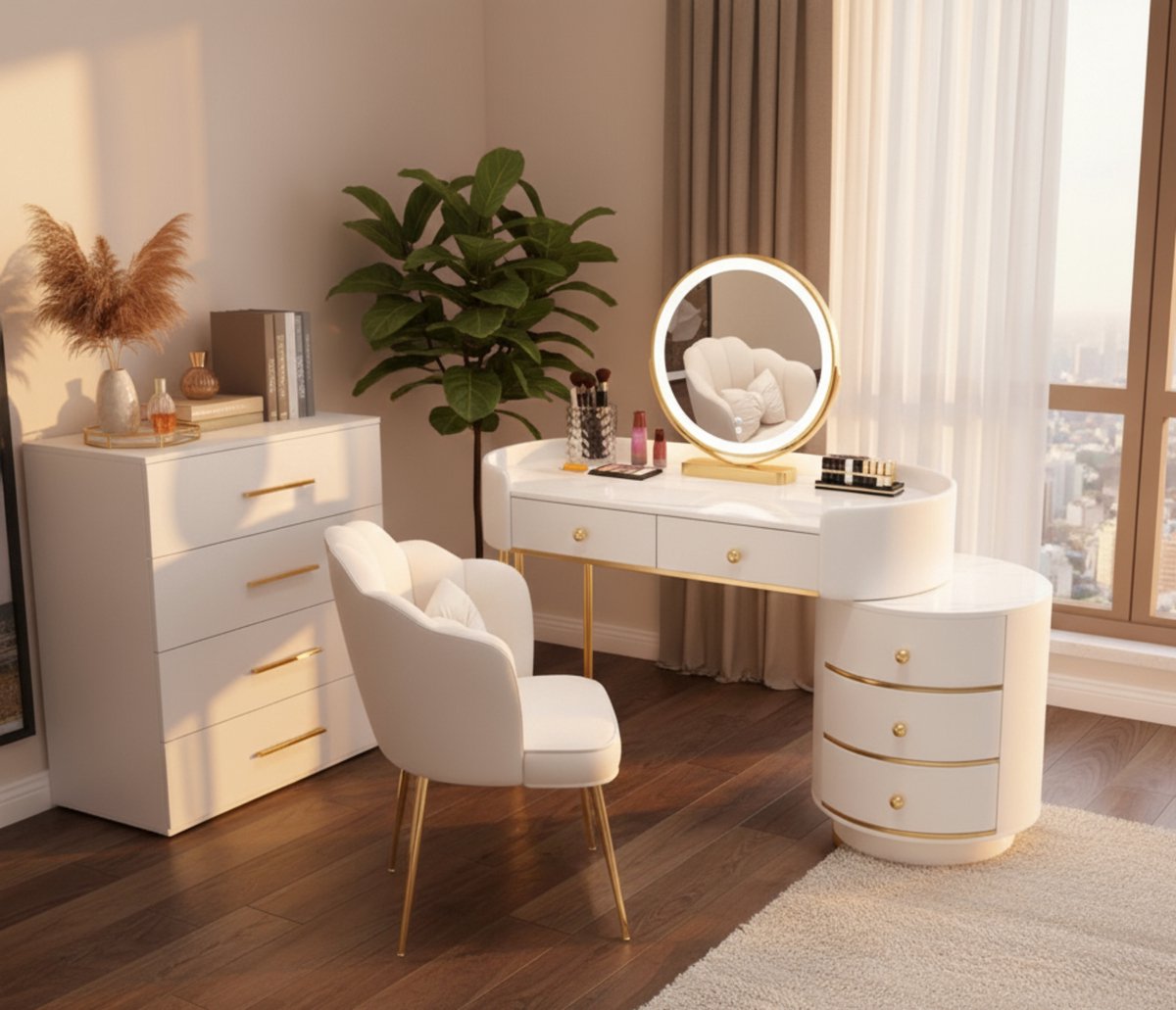 Make-uptafel met LED-verlichting en spiegel, 3 kleurmodi, verstelbare breedte, 5 laden, modern slaapkamer-make-uptafel 100 x 40 x 76 cm – Altameubel