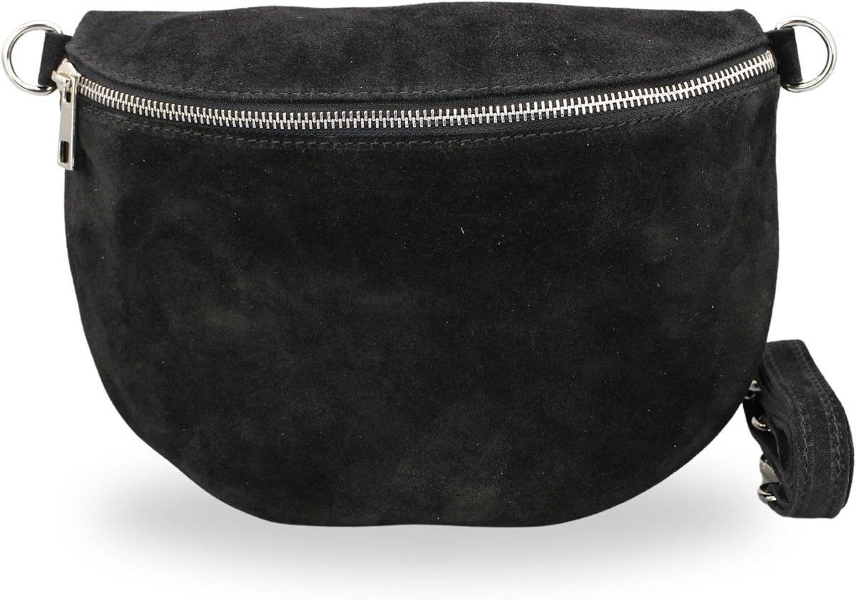 BELCHOME AFIA schoudertas voor dames, handgemaakte crossbodytas en heuptas van suède met leren riem en brede schouderband met patroon, 3 vakken, stijlvol, gemaakt in Italië, Zwart