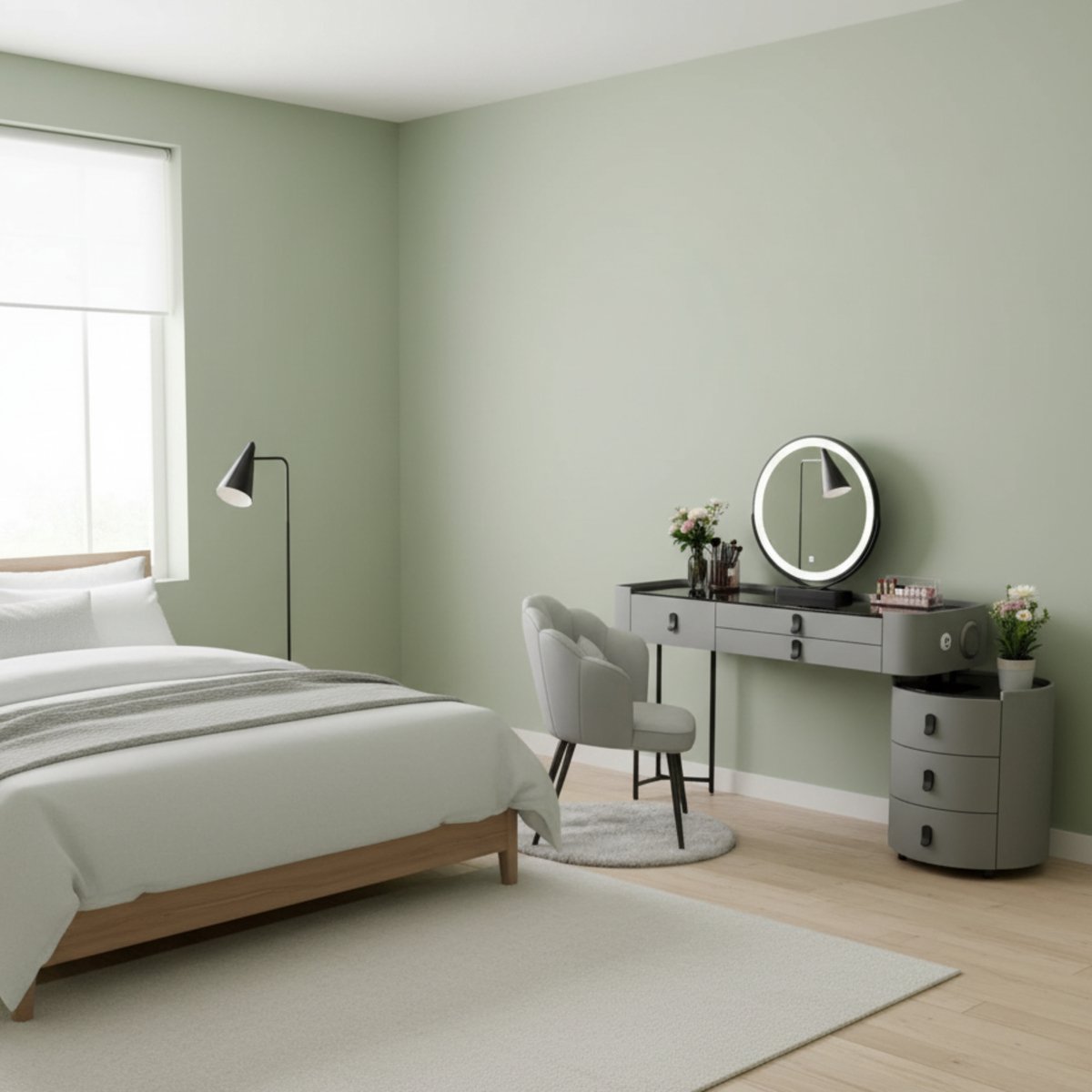 Make-uptafel met LED Spiegel, Glasplaat, Bluetooth-luidspreker, Kruk en Laden, Dimbaar Licht, 100x40x76 cm – Moderne Kaptafel voor Slaapkamer, Grijs Veiligheidsglas B – Altameubel