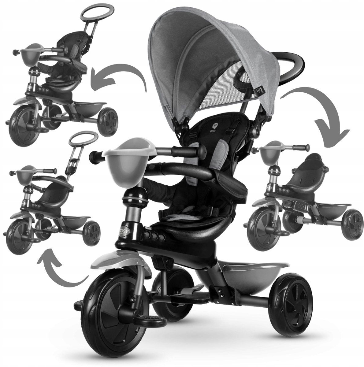 Qplay Cosy 4-in-1 Driewieler Kinderloopfiets Grijs