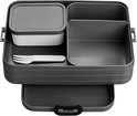 Boîte à lunch bento Mepal grise, avec compartiments blanc et gris. Inclut une fourchette blanche.