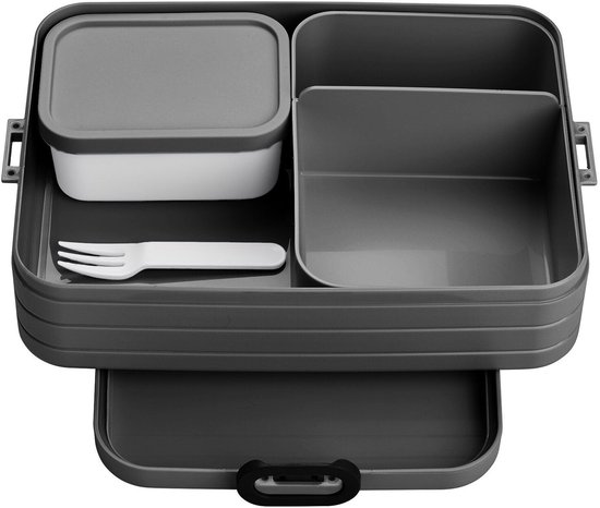 Boîte à lunch bento Mepal grise, avec compartiments blanc et gris. Inclut une fourchette blanche.