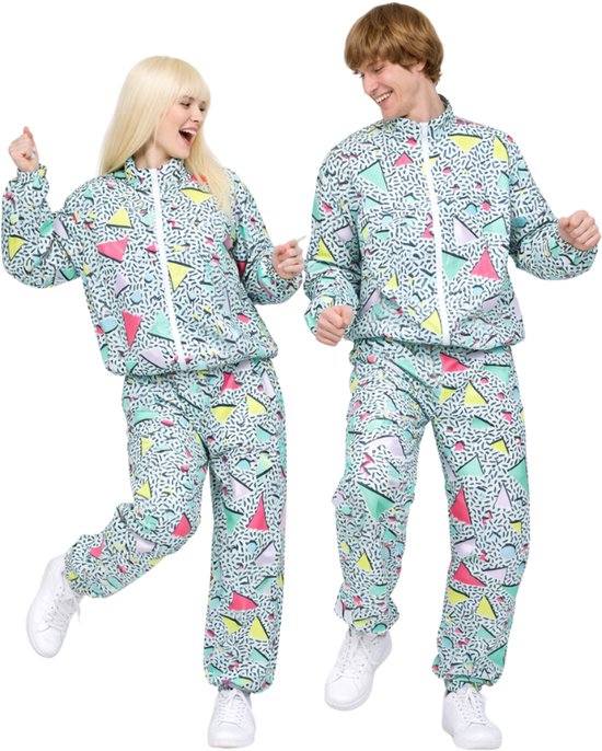Survêtement rétro Joya Party® Adultes | Style années 80 & 90 | Unisexe Oversized | Costume de déguisement pour homme et femme | Carnaval, Halloween & Fête costumée | Vert menthe avec imprimé rétro | Taille M / L