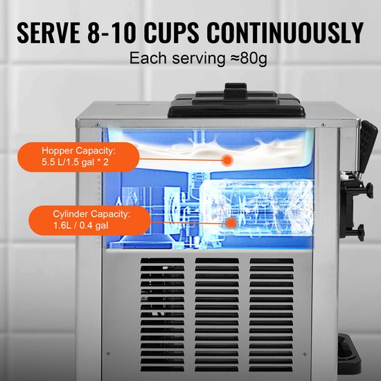 VEVOR Commerciële Ijsmachine 18-28L/u 3 Smaken Italiaanse Ijsmachine 2 x 5.5L Trechter LCD-paneel Automatische Voorkoeling Reiniging voor Yoghurt Koffie Snackbar Restaurant van Merkloos — afbeelding 4