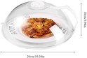 Transparante magnetron deksel over een pizza op een witte plaat, met afmetingen aangegeven.
