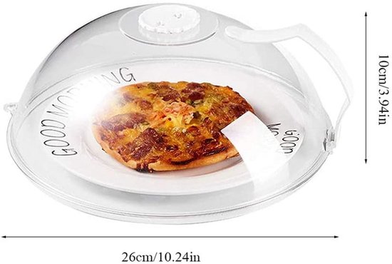 Transparante magnetron deksel over een pizza op een witte plaat, met afmetingen aangegeven.