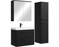 Badplaats Badkamermeubel Set Florence 60 cm – Mat Zwart – Hangend Badmeubel met Wastafel, Spiegelkast en Zijkast