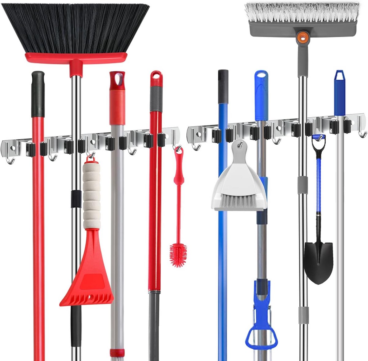 RVS Bezemhouder Wandmontage - 2 Stuks Mop en Bezem Organizer met Haken