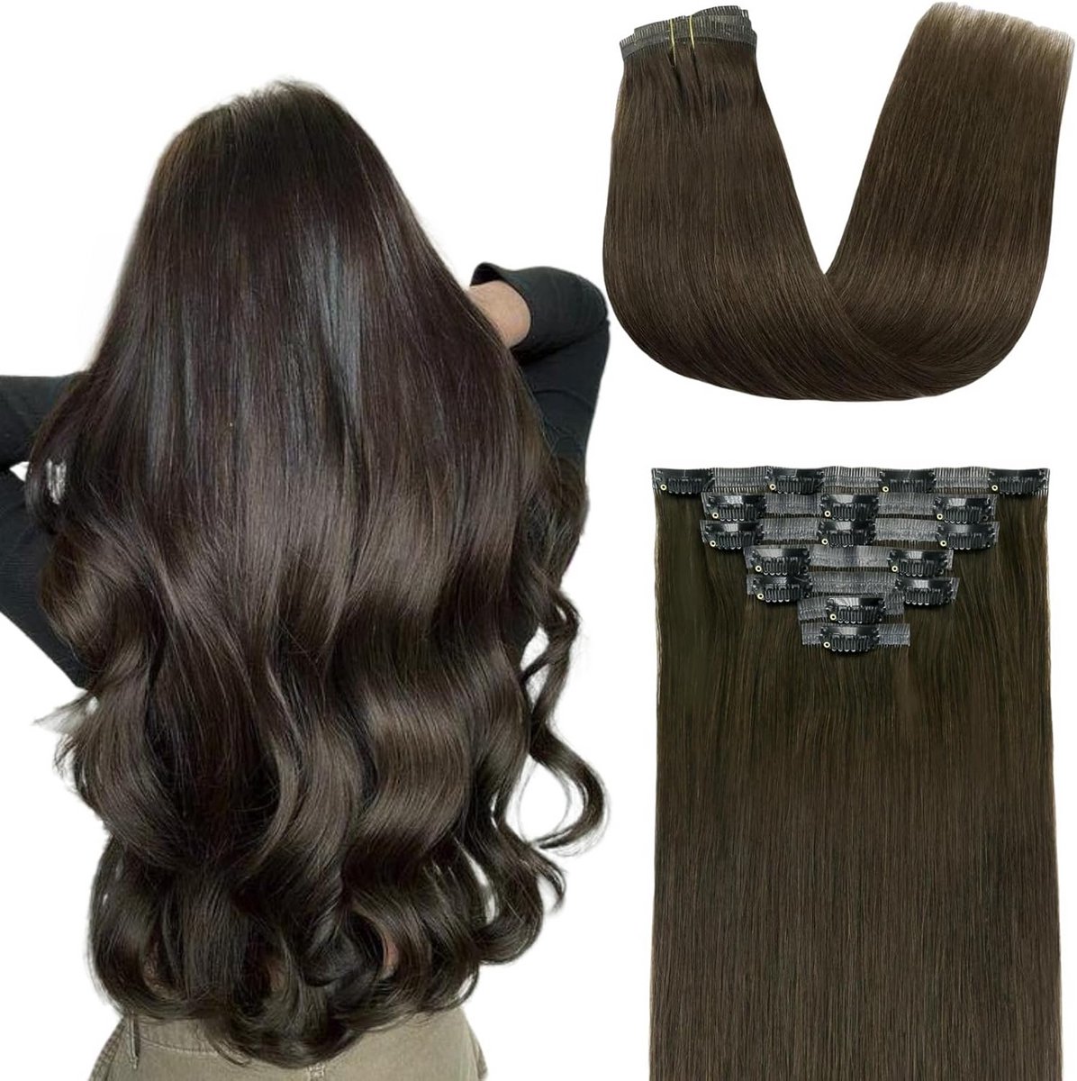 Echt Haar Clip-In Extensions 7 Delen Dubbel Gennaaid 60 cm Middelbruin