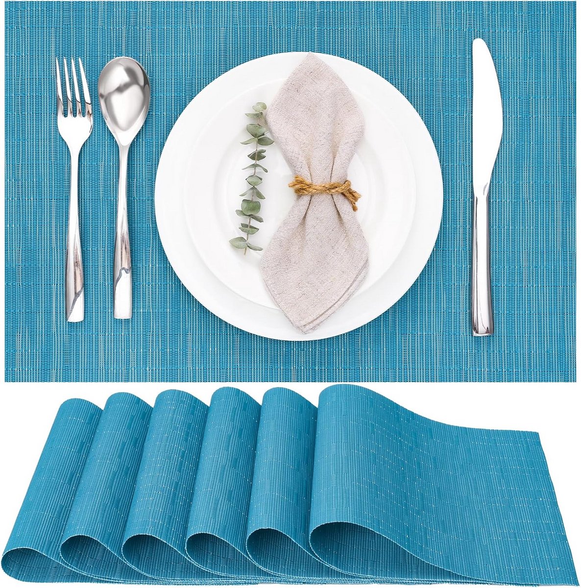 Set van 6 Geweven Vinyl Placemats, Wasbaar en Hittebestendig
