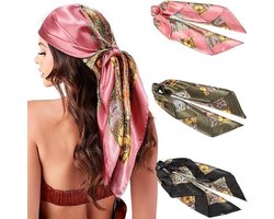 3 Stuks Satijnen Vierkante Sjaals Dames 90x90cm - Kleurrijk Bedrukt Hoofddoek, Bandana en Haarband