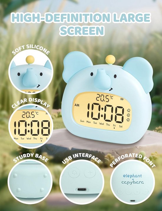 Digitale Kinderwekker met Nachtlampje, Oplaadbaar, 3 Alarmen, Weekendmodus en Temperatuurweergave — afbeelding 3
