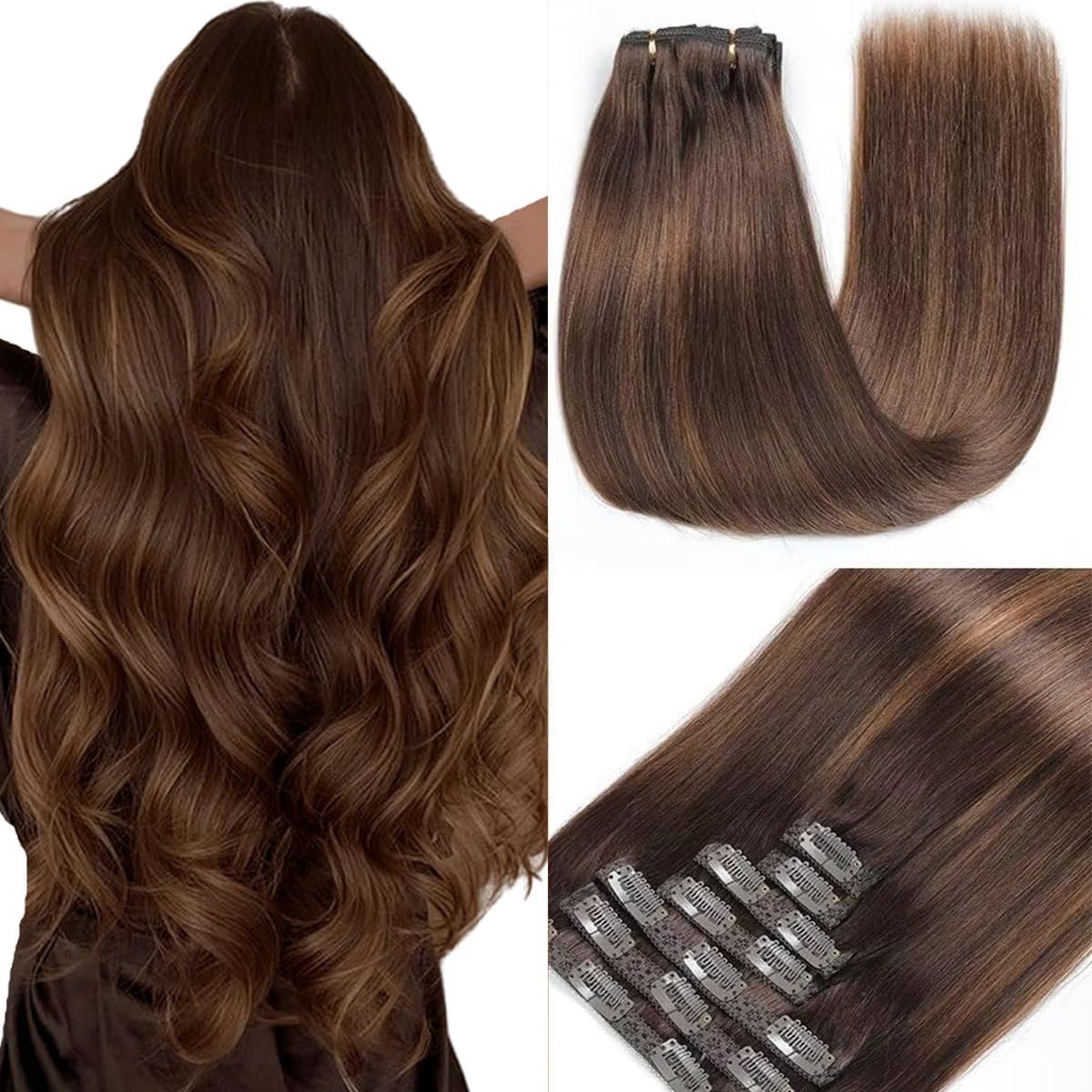 Echt Haar Clip-in Extensions 7 Delig Set 35 cm Donker & Kastanjebruin