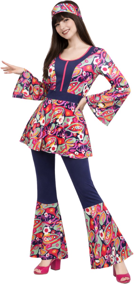 Joya Party® Hippie Verkleed Pak Dames | 2-Delig met Hoofdband | Jaren 60 & 70 Flower Power | Verkleedpak Vrouw | Groovy Stretch Materiaal | Carnaval, Themafeest & Halloween | Maat L