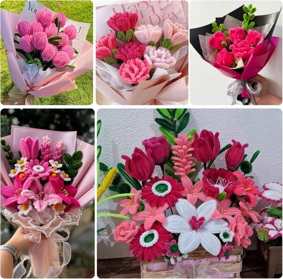400 Pijpenragers Bloemenset – 4 Kleuren, 30 Cm Lang, Incl. Stelen, Bloemharten, Lint En Tape – Perfect Voor DIY-bloemen