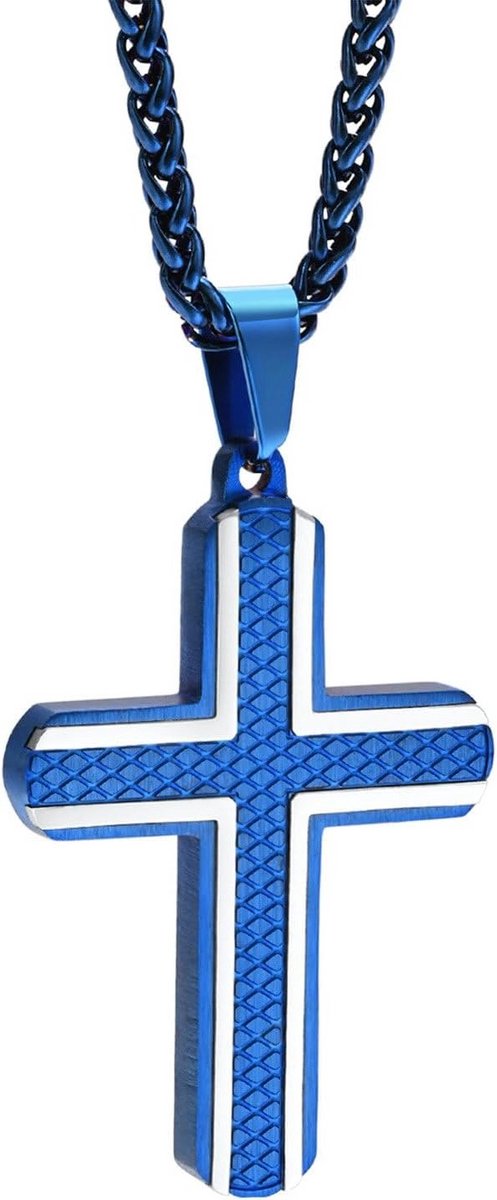 Heren RVS Kruis Hanger Ketting 60 cm Blauwe Accent Zonder Edelsteen