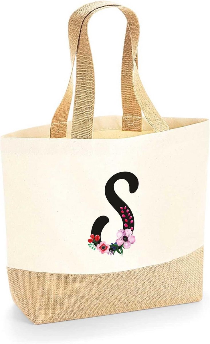 Grote Strandtas Dames van Katoen met Bloemen en Letter S