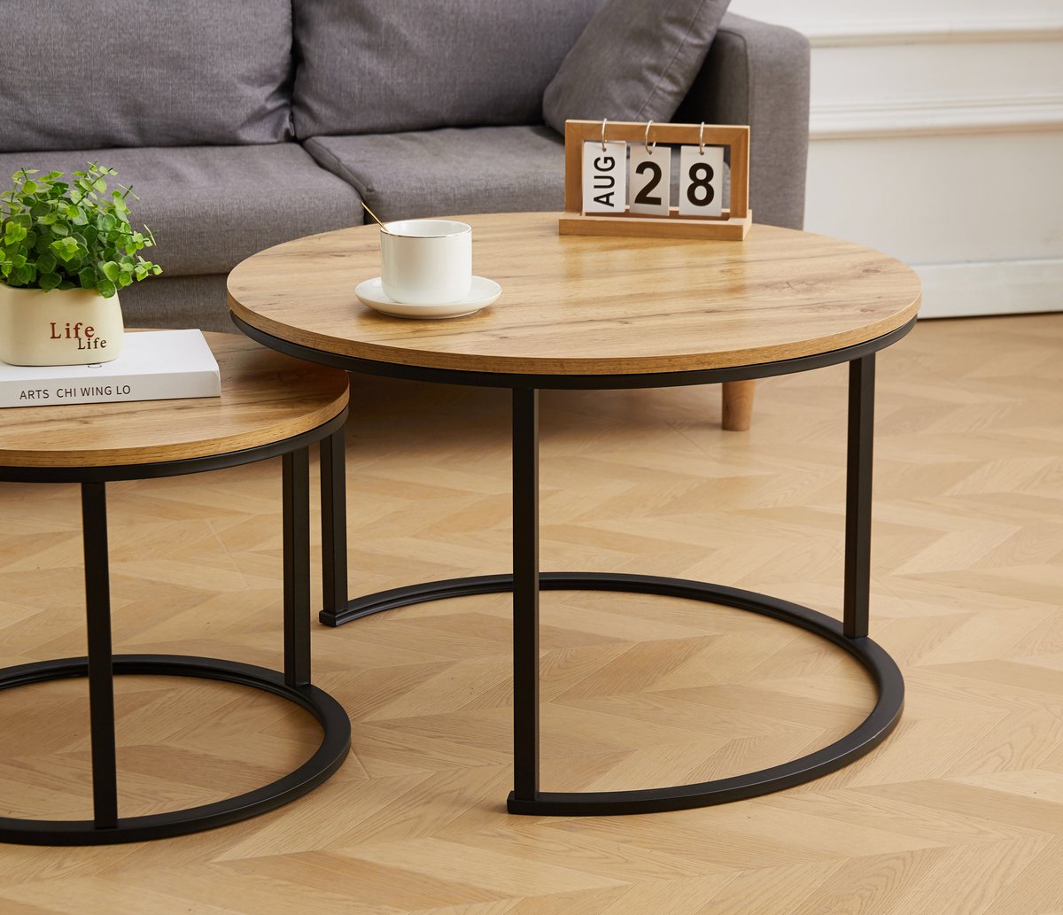 Ronde Salontafel Set van 2 – 70 & 50 cm – MDF Hout – Zwarte Poten