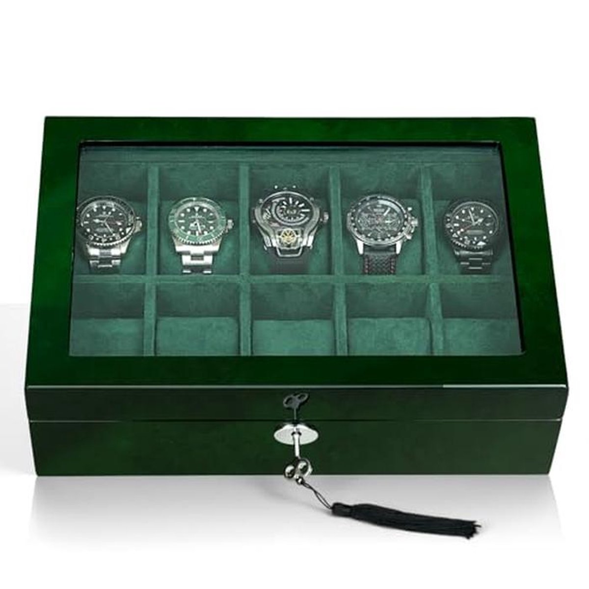 Horlogedoos voor mannen 10 horloges organizer case, smart horloge display, hout met zacht fluwelen interieur, groot glazen venster, cadeau voor vrouwen en mannen
