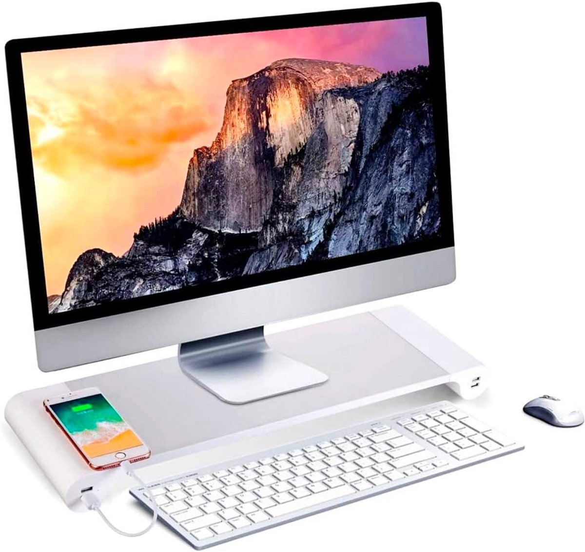 NK Portable Monitor Stand, Aluminium, 4 USB Charging Ports, 22 W, up to 50.8 cm, Weight 10 kg, Silver