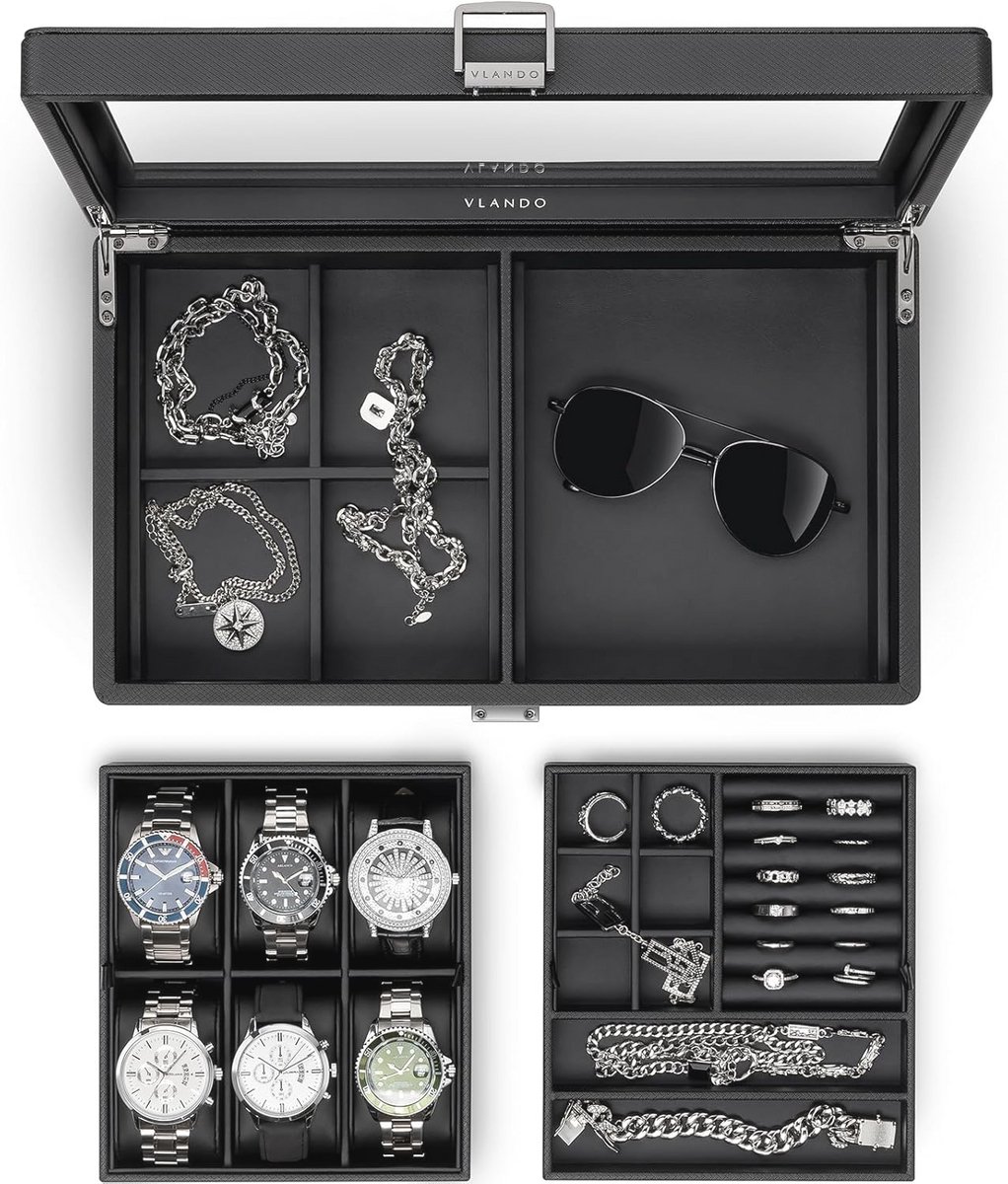 Horlogebox met Glazen Deksel voor 6 Horloges - Multifunctionele Horloge- en Sieraadopslag