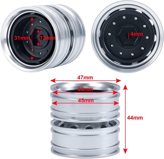 4 Stuks Metalen Achterwiel Velgen voor 1/14 Tamiya Tractor Trucks en Trailers van Merkloos	 — afbeelding 3