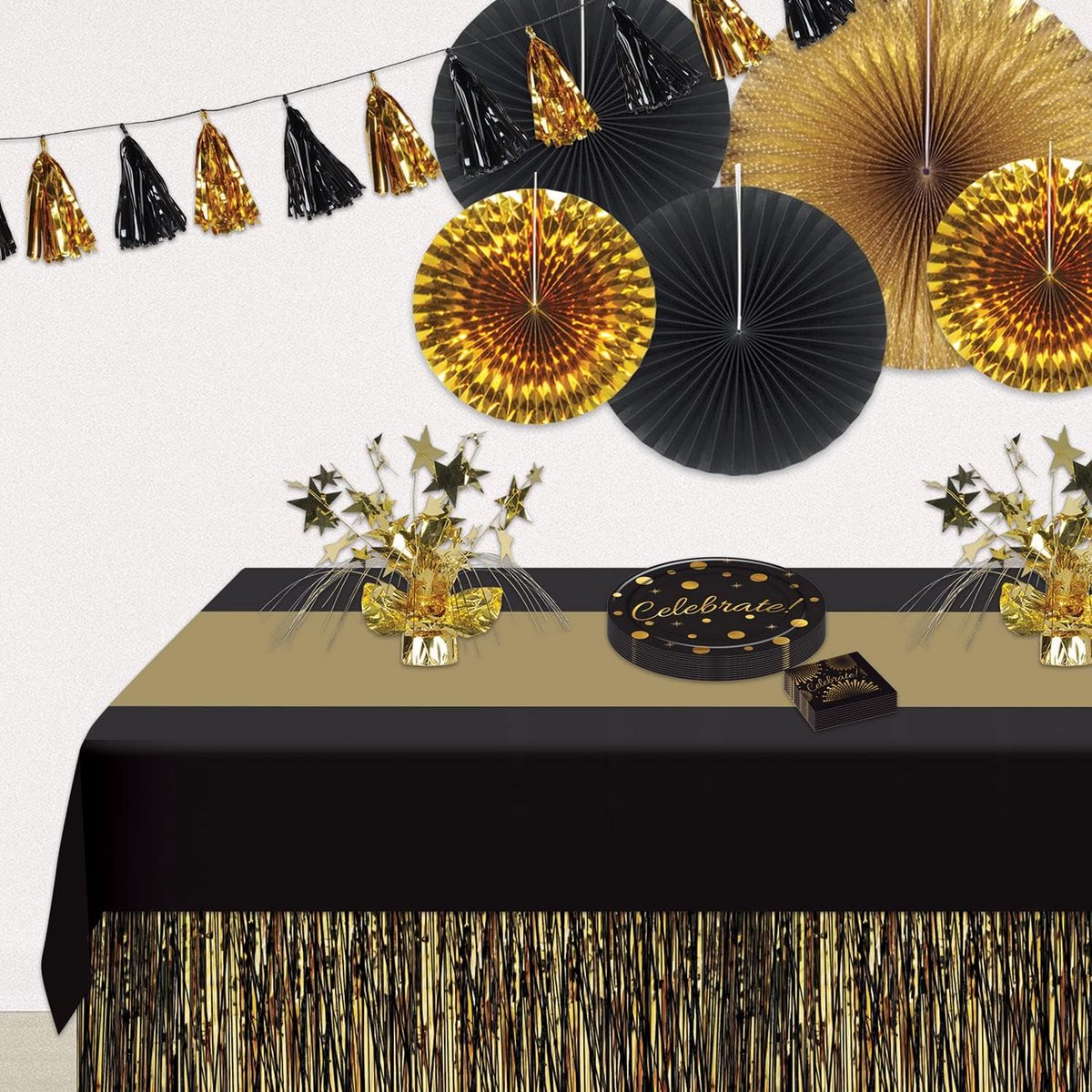 Set van 3 Zwart en Goud Gestreepte Rechthoekige Tafelkleden voor Feestdecoratie