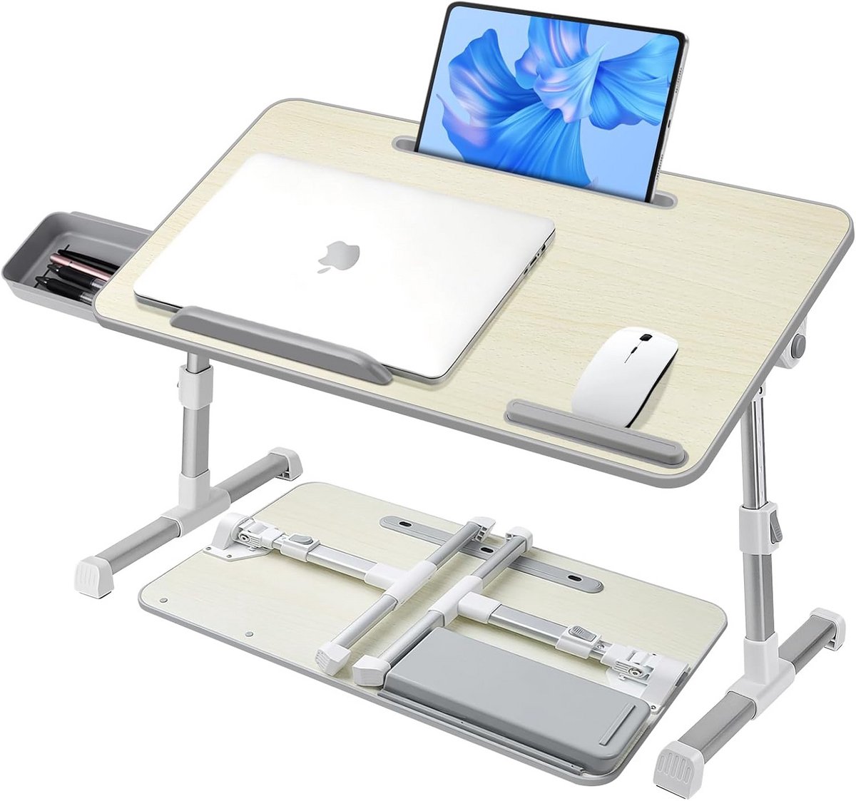 Verstelbare Laptoptafel voor Bed en Sofa - Opvouwbaar Bureau met Lade - Beige