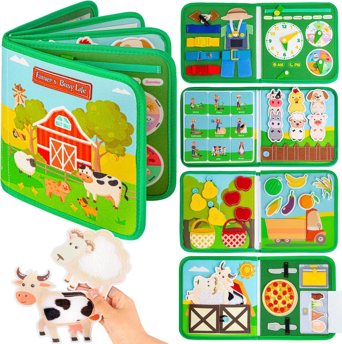 Bezig boek voor kinderen - Interactief vilten boerderijboek, geschikt voor peuters van 1 tot 3 jaar - Leerzaam boek, cadeau voor kinderen, stil speelgoed voor in het vliegtuig en de auto