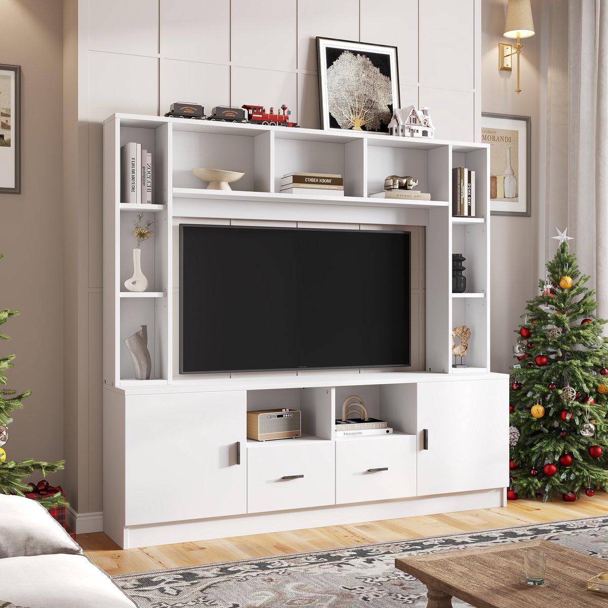 OKWISH TV-Meubelset - 5-Delig - 2 Kasten 2 Lades - 11 Vakken - Zonder LED - Kantelbeveiliging En Zachte Sluiting - Spaanplaat Wit - 180x35x170 cm