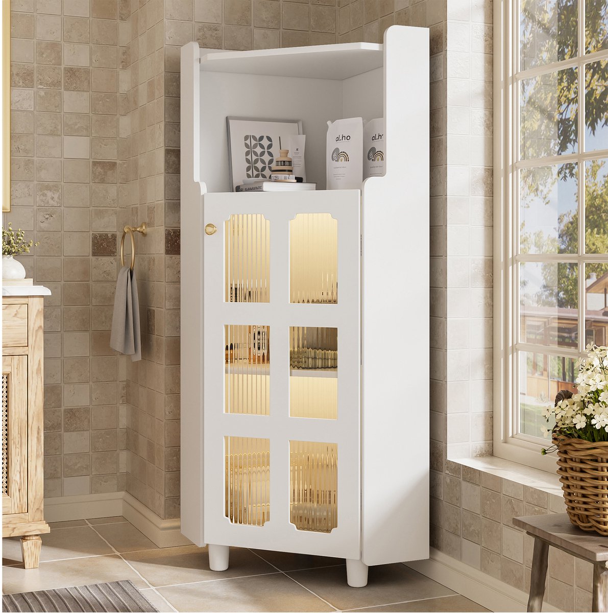 HAUSS SPOLE Hoekkast - LED Hoekkast Met App-Gestuurde Verlichting En Glazen Deur - 2-in-1 Opbergvak Met Open Rek En Gesloten Kast - MDF Wit - 63,5x124 cm