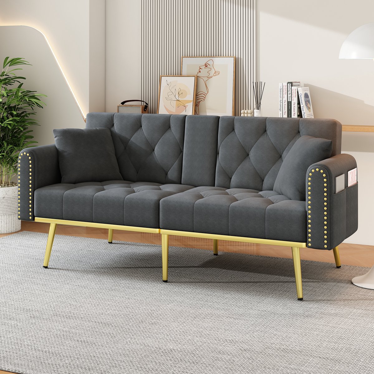 HAUSS SPOLE Sofa - Uitklapbare Slaapbank - 2-Zits - Verstelbare Rugleuning 3 Standen & Drinkhouder - 175x80x73,5 cm - Velvet Grijs