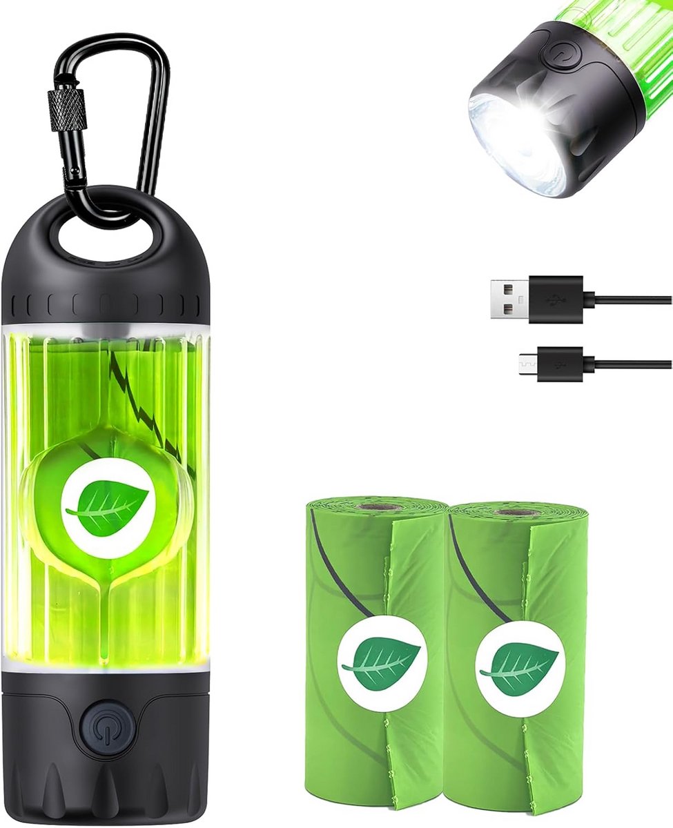 Oplaadbare Poepzakhouder voor Hondenriem met Ingebouwde USB-C Zaklamp - Waterdicht en Composteerbaar