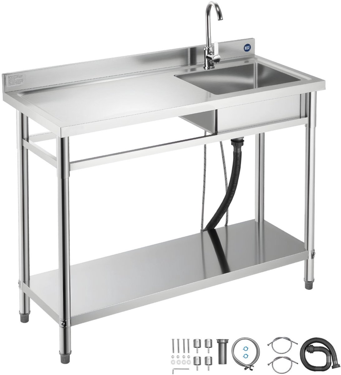 RVS spoelbak - Vrijstaande gootsteen - Enkele Kom - Met Kraan - Met Legplank - Werkblad Links - 120 x 50 x 94 cm