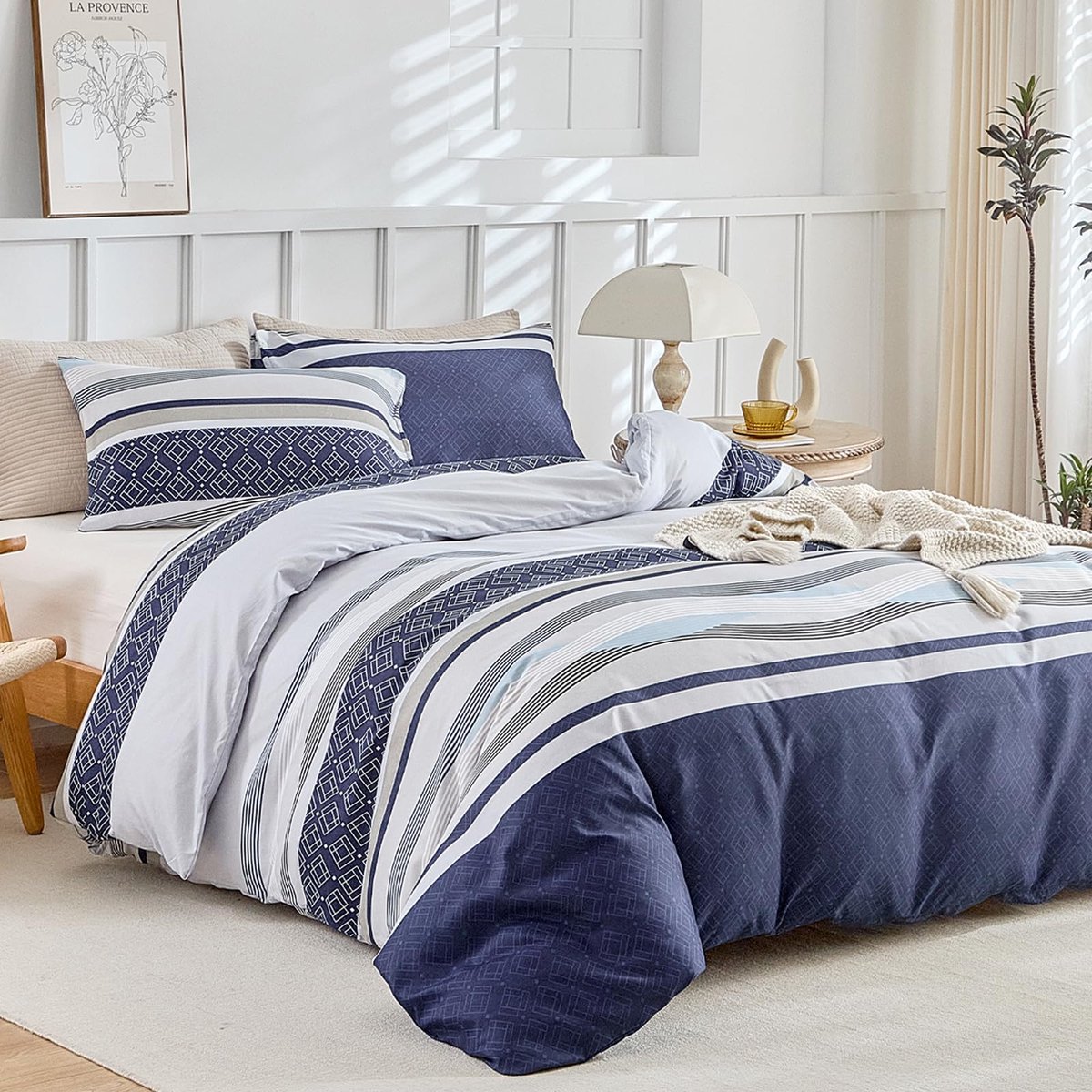 Unyqoos Comfortabel en Onderhoudsvriendelijk Beddengoed 3-delige Set met Blauw Strepenpatroon