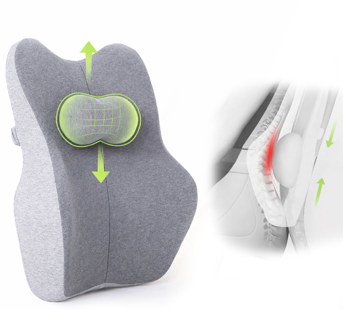 Topmelon Ergonomische Rugkussen - Verstelbaar kussen - Lendekussen Auto - Onderrug - Lees kussen - Traagschuim - Rugsteun Bed & Bank - Zit - Stoel - Steunkussen met Wasbare Hoes lichtgrijs