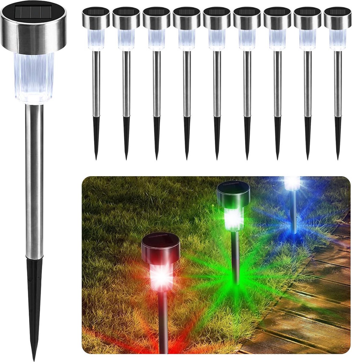 Kleurveranderende Zonne-Tuinverlichting - 10 Stuks Oplaadbaar Roestvrij Staal
